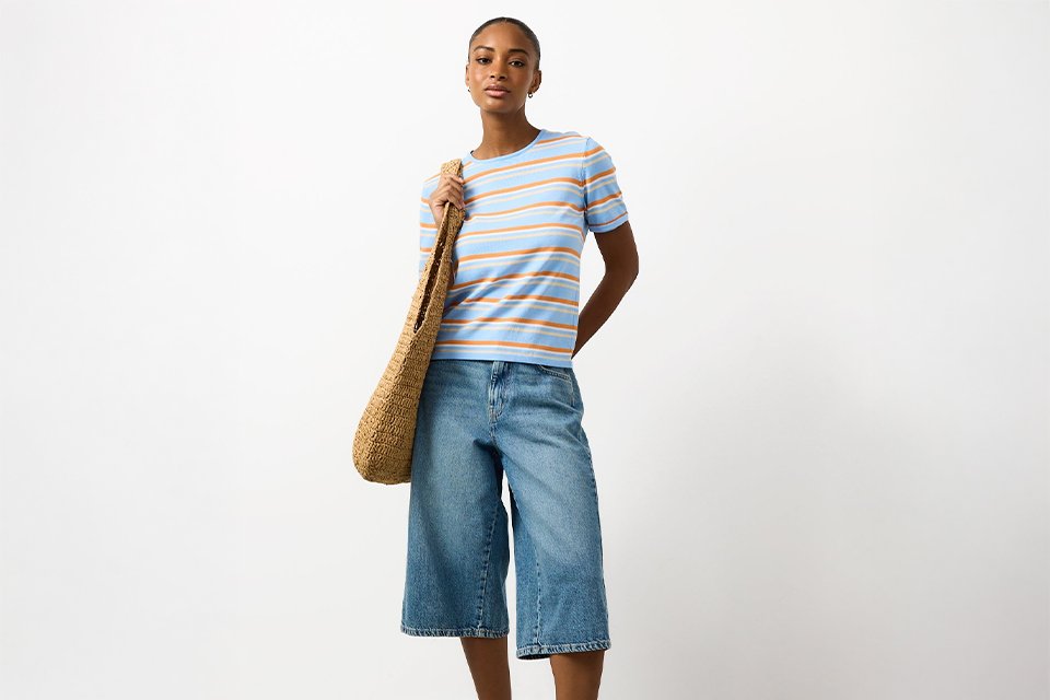 Striped sleeveless top with cropped wide-leg jeans styled as breathable base layers for summer outfits.