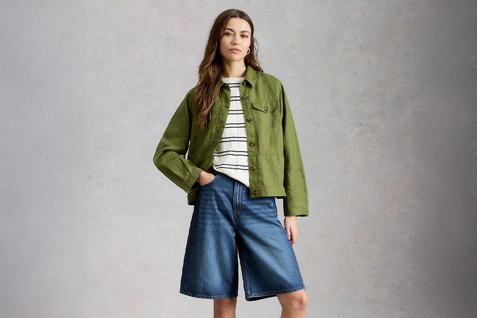 Lightweight green jacket styled with striped top and denim shorts for changeable UK summer weather.