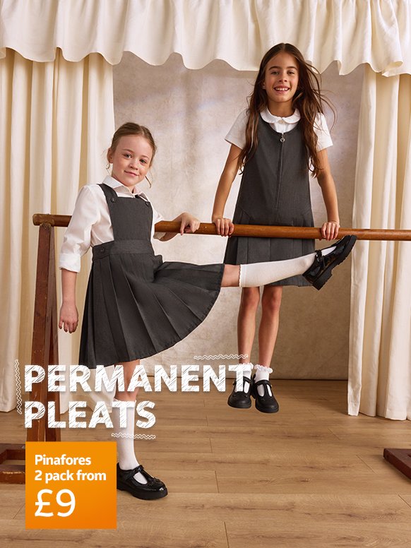 Permanent pleats. 2 pack pinafores from £9. Dresses & skirts.