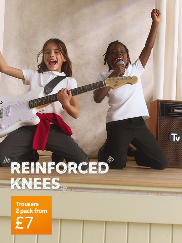 Reinforced knees. 2 pack trousers from £7. Trousers.