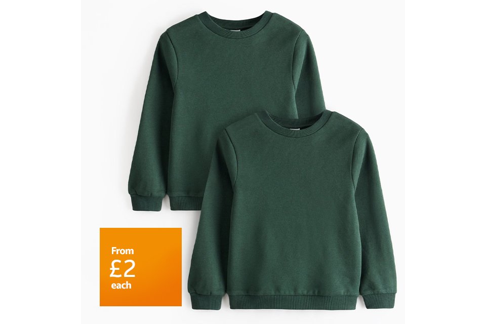 From £2 each. 2 pack crew neck sweatshirts. Sweatshirts from £2 each. Pack of 2, £4.