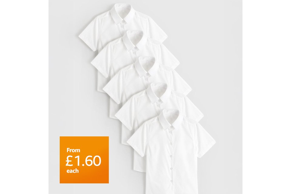 From £1.60 each. 5 pack short sleeve shirts. Shirts from £1.60 each. Pack of 5, £8.