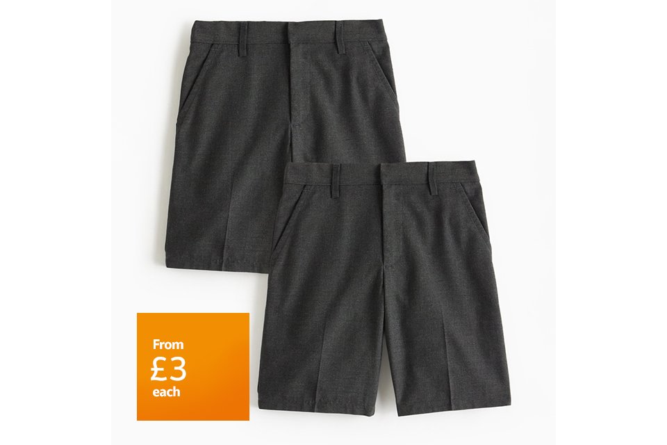 From £3 each. 2 pack classic school shorts. Shorts from £3 each. Pack of 2, £6.