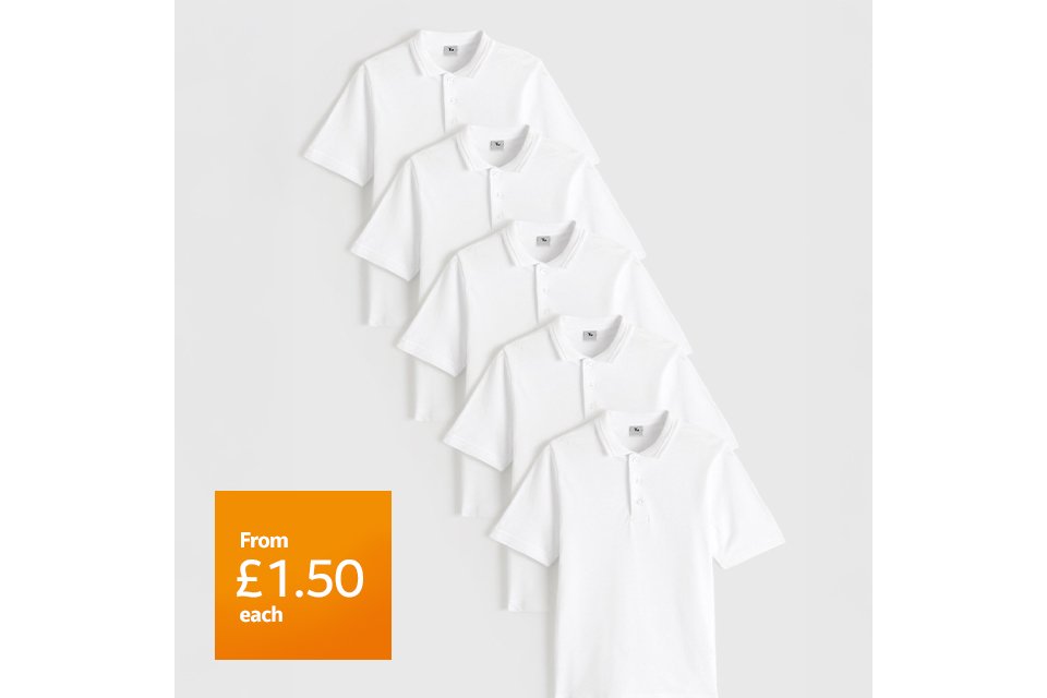 From £1.50 each. 5 pack polo shirts. Polos from £1.50 each. Pack of 5, £7.50.