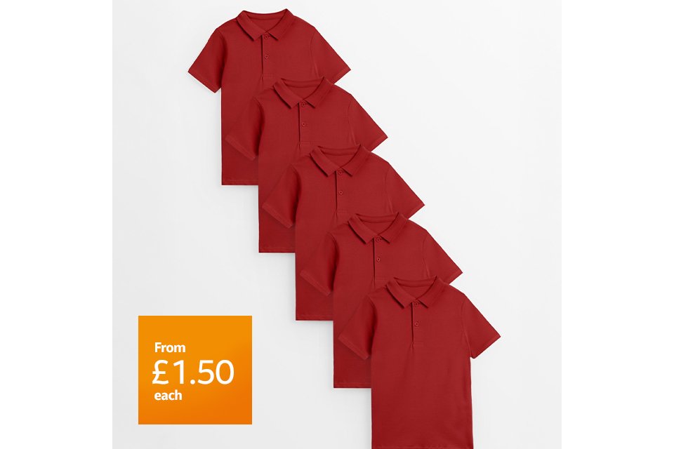 From £1.50 each. 5 pack polo shirts. Polos from £1.50 each. Pack of 5, £7.50.