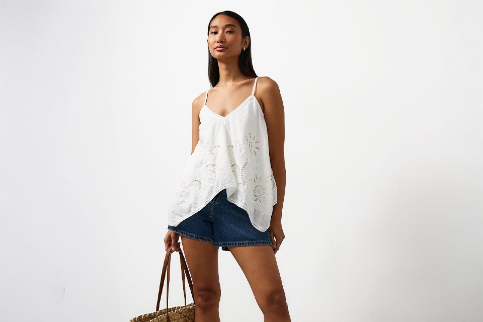 White embroidered camisole top with delicate lace detailing, styled with blue denim shorts, brown flat sandals and a woven straw tote bag for a casual summer holiday outfit.