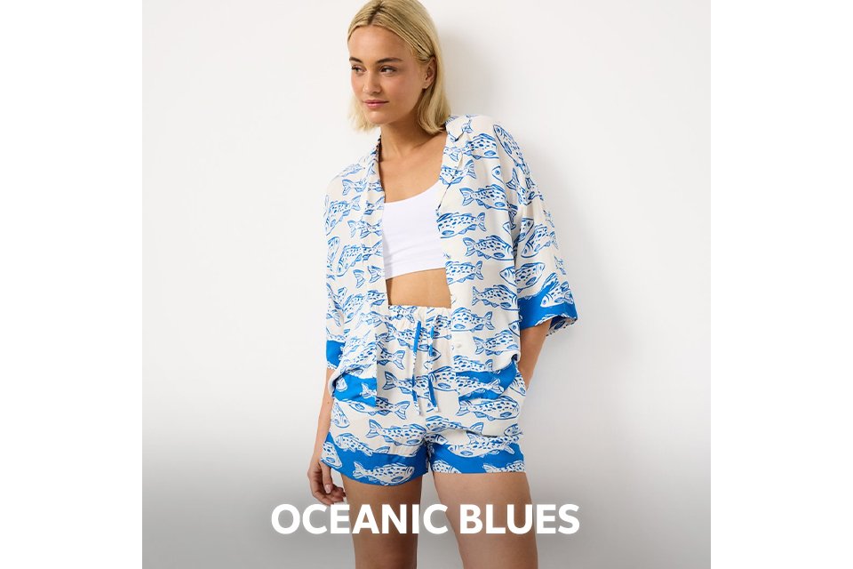 Blue ocean print women’s short pyjama set with matching shirt and shorts – relaxed fit nightwear.