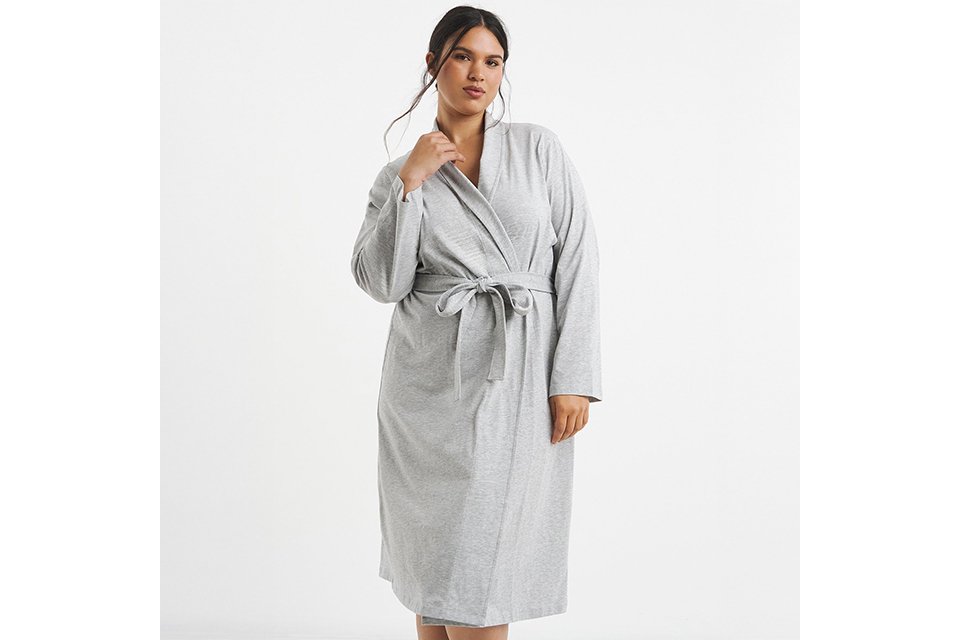 Plus-size light grey wrap dressing gown with a self-tie waist belt, long sleeves and a soft jersey fabric.