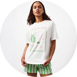 White coffee graphic T-shirt with pastel green and pink coffee-themed print paired with green and pink striped shorts lounge set.