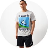 Snoopy golf graphic pajama set featuring a light grey Peanuts T-shirt with "I'd Rather Be Playing Golf" print and navy shorts.