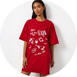 Red oversized printed nightshirt featuring Italian-inspired graphic illustrations, styled as a women's nightwear sleep tee.