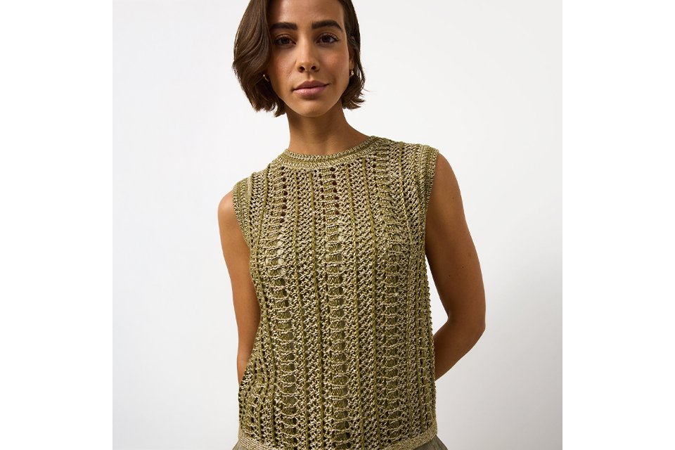 Olive green open-knit sleeveless sweater top with textured crochet pattern and crew neckline, shown in a front view.