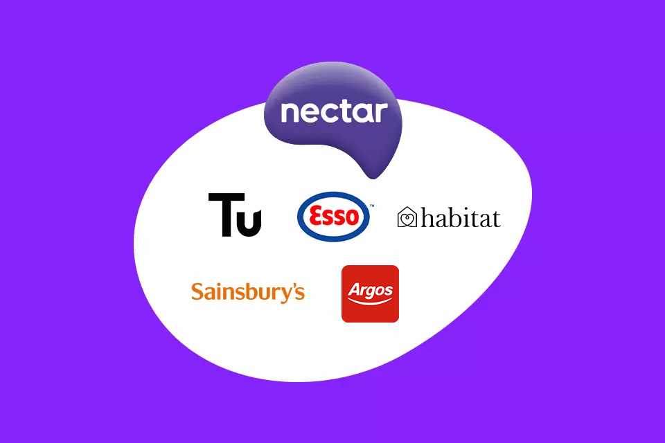 Nectar Tu Habitat Ebay Sainsburys Argos Esso British AAirways logos on pruple background 