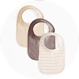 Ribbed baby bib multipack in cream, taupe, and pink stripe designs with snap-button fastening.