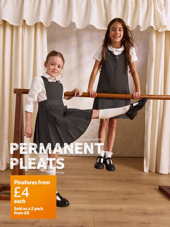 Permanent pleats. Pinafores from £4 each. Sold as a 2 pack from £8. Dresses & skirts.