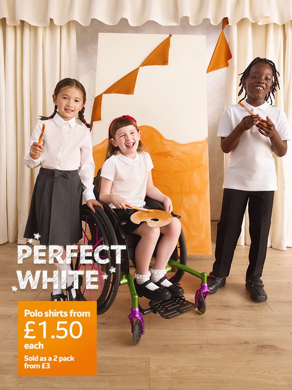 Perfect white. Polo shirts from £1.50 each. Sold as a 2 pack from £3. Polo shirts.