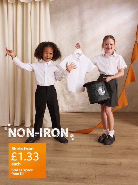 Non iron. Shirts from £1.33 each. Sold as 3 pack from £4. Shirts & blouses.