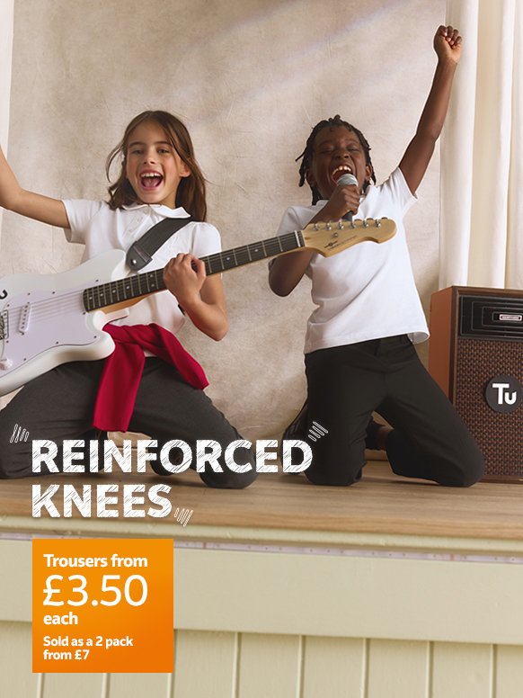 Reinforced knees. Trousers from £3.50 each. Sold as a 2 pack from £7. Trousers.