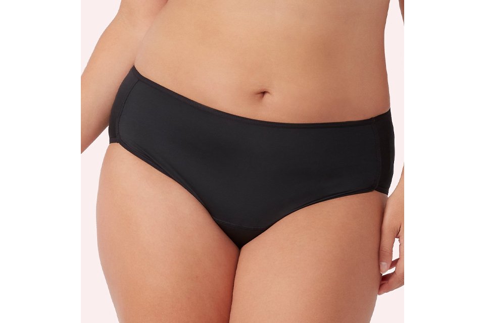 Black period midi briefs for women with a smooth microfibre finish, reusable absorbent design and comfortable mid-rise fit.