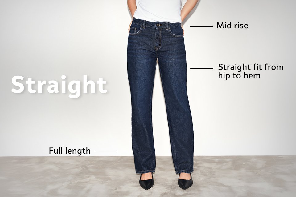 Mid-rise blue straight-leg jeans with full-length fit from hip to hem, paired with black shoes and a white top.