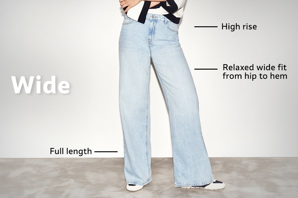 High-rise wide-leg jeans in light blue denim with relaxed fit from hip to hem and full-length design, styled with trainers.