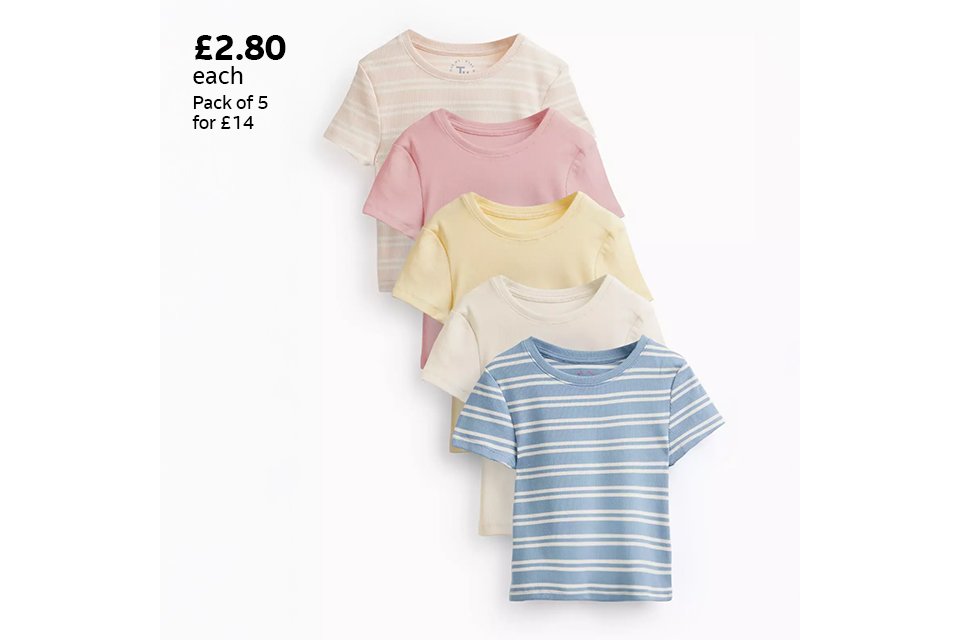 £2.80 each pack of 5 for £14. 5 pack slim fit t-shirts.