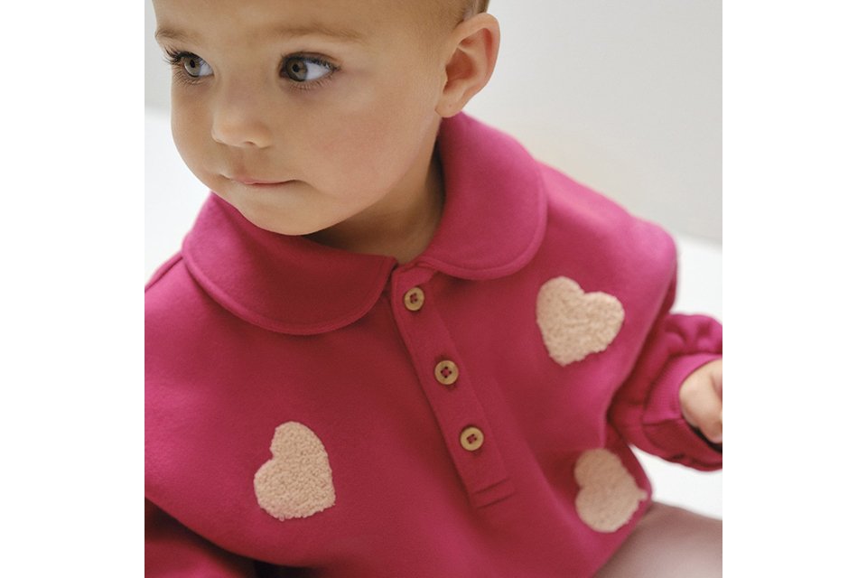Baby wearing a pink knitted top with heart details, featured in the Tu Clothing newborn essentials guide.