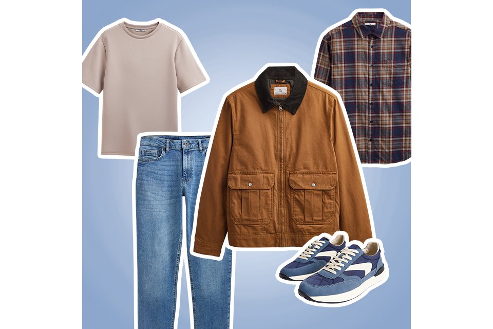 Men's casual outfit featuring jeans, neutral t-shirt, overshirt, utility jacket and trainers.