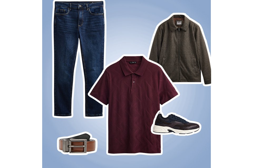 Men's smart casual outfit with dark jeans, burgundy polo shirt, overshirt and casual shoes.