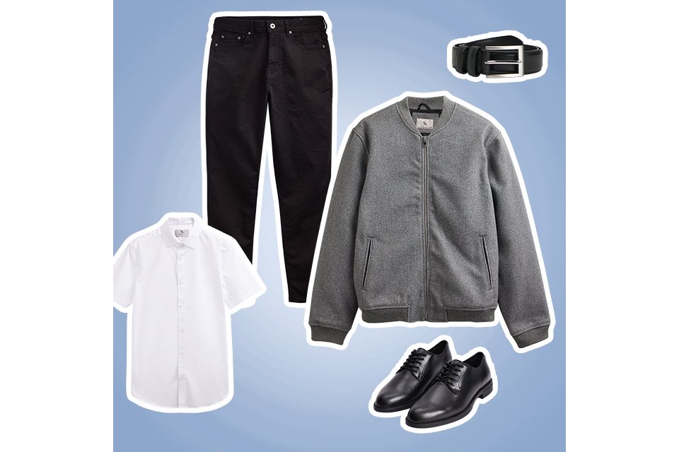 Men's smart occasion outfit with white shirt, zip knit jumper, dark trousers and formal shoes.