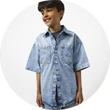 Kids' light wash denim shirt with short sleeves, snap-button fastening, and front patch pockets.