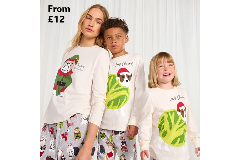 Matching family Christmas pyjama sets with festive prints.