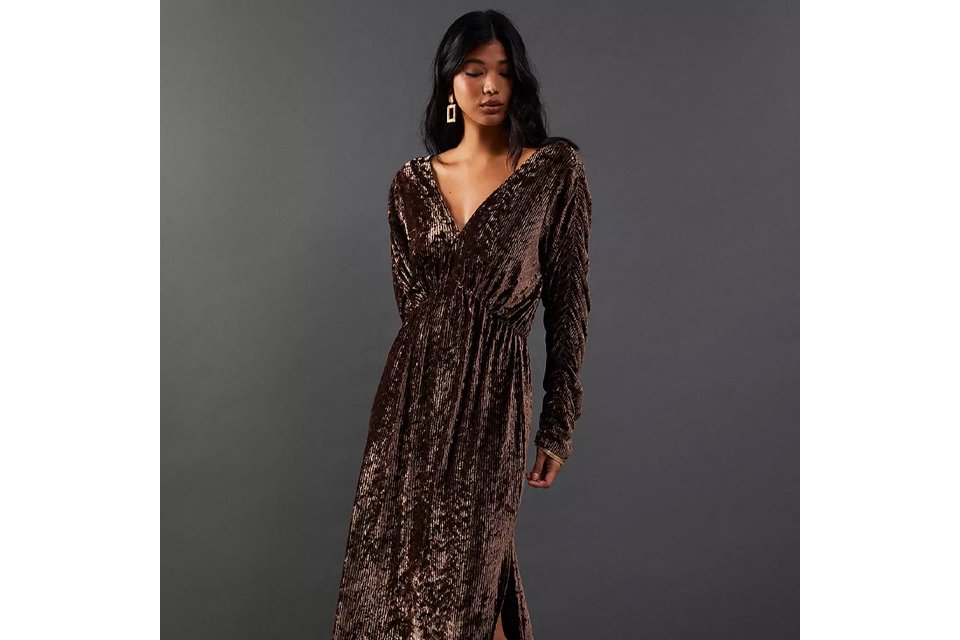 Dark floral velvet dress with long sleeves and a flared skirt.