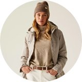 Woman wearing hat and waterproof jacket.