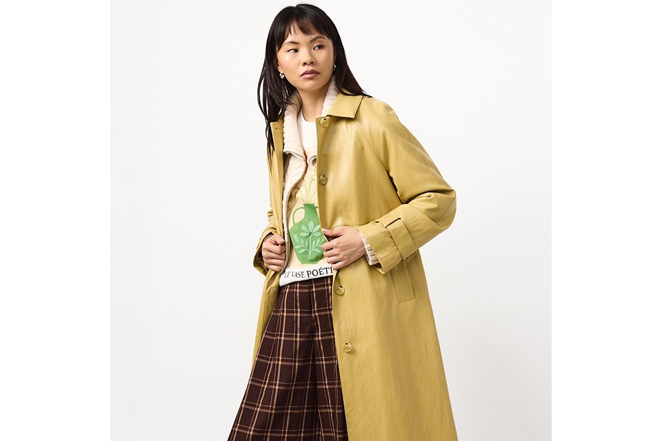 Woman wearing an ochre PU coat, with wide leg check trousers, brown trouzers and a top.