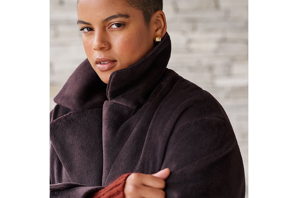 Women wearing chocolate brown funnel neck coat.