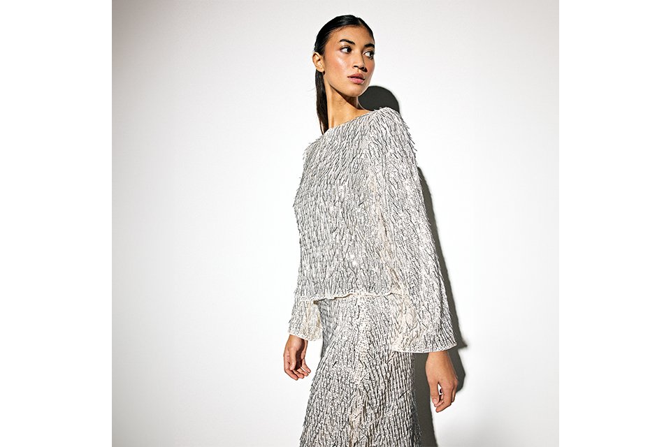 Silver sequin knit dress for a glamorous Christmas party or festive evening look.
