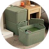 Plastic storage boxes and drawers.