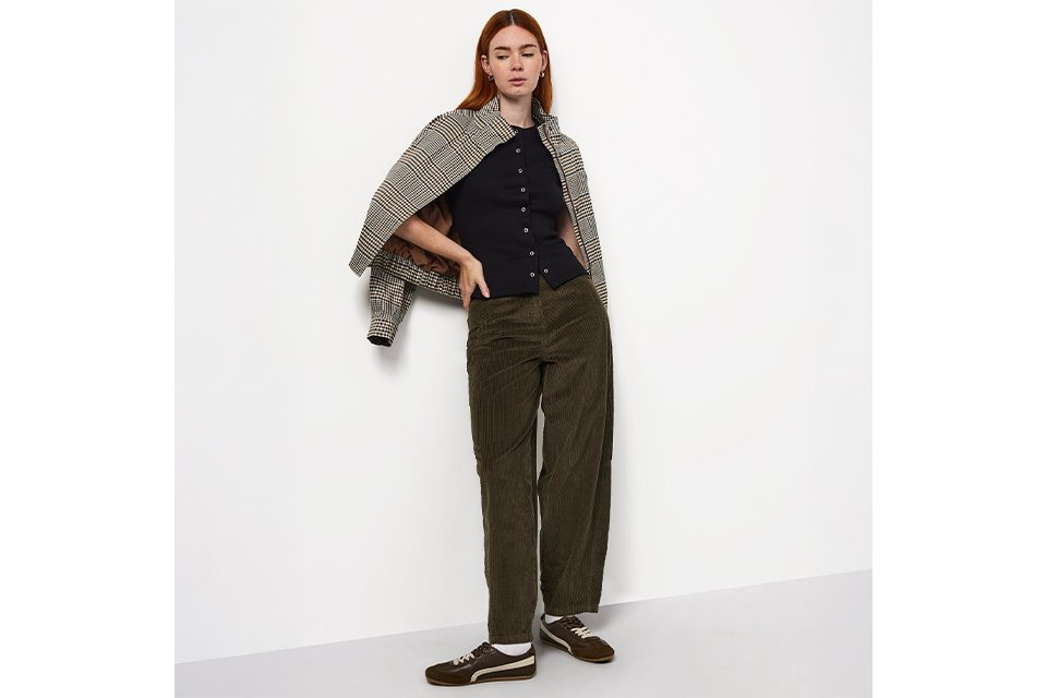 Checked blazer draped over the shoulders, paired with a black button-front cardigan, olive green wide-leg corduroy trousers, and brown sneakers for a smart-casual autumn outfit.