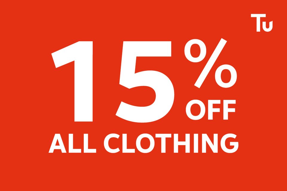 Tu. Save 15% off all clothing. Online and in-store.