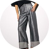 Metallic turn-up jeans – elegant festive styling option.