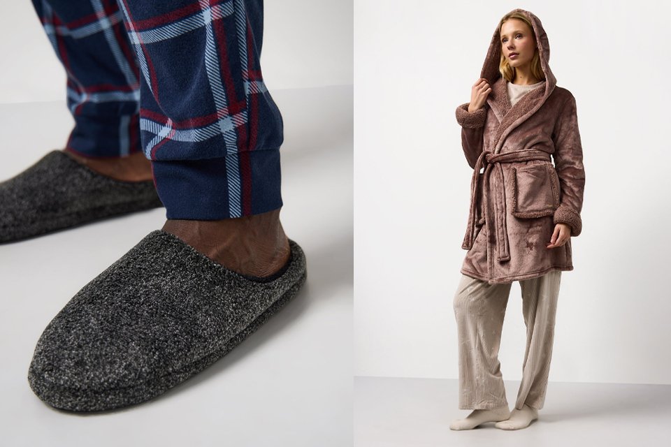 Tow images being shown- a man wearing grey slippers and dark blue check pyjamas bottoms, and then a woman wearing a mocha brown hooded dressing gown with neutral pyjama bottoms.