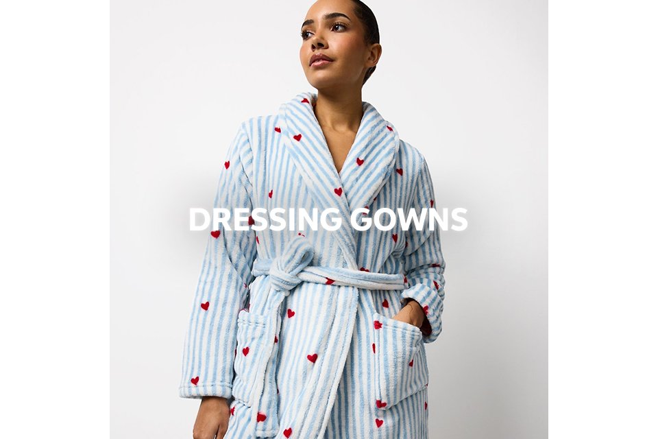 Blue and white striped dressing gown with red heart print and a tie belt.