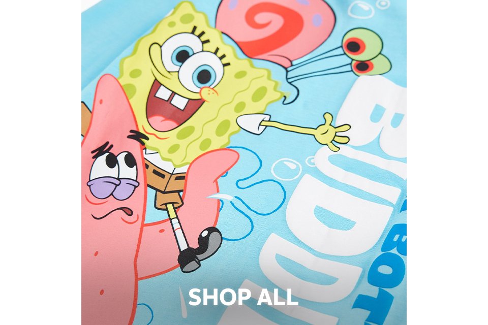 Light blue nightwear fabric with SpongeBob SquarePants and Patrick character prints.