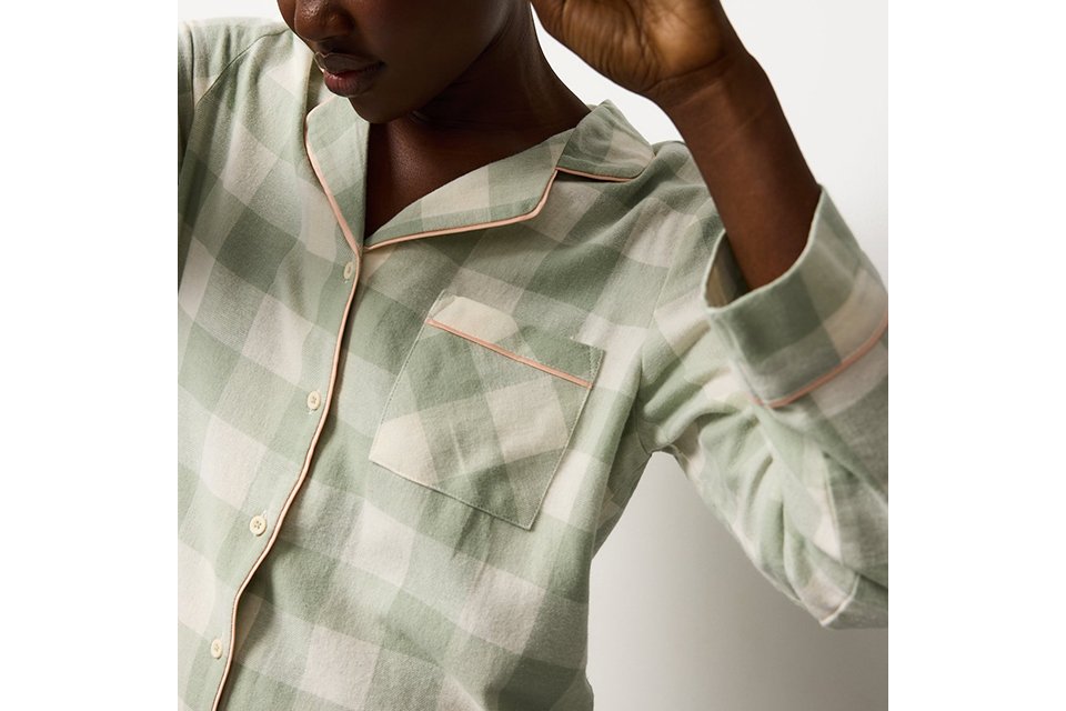 Light green check pyjama set with contrast piping.