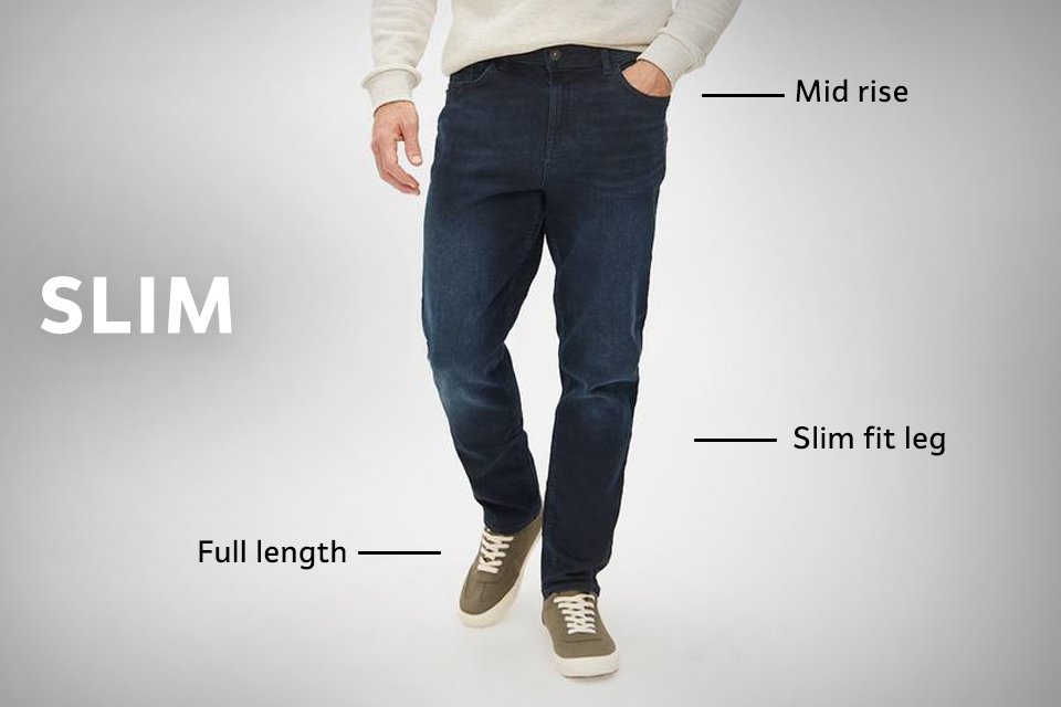 Man wearing slim-fit blue jeans paired with a cream sweatshirt and green sneakers, standing against a neutral background.