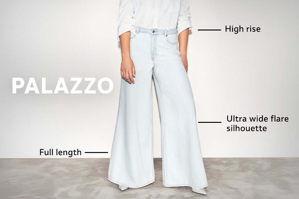 High-rise palazzo jeans in very light blue denim with ultra-wide flare silhouette and full-length style, heeled shoes.