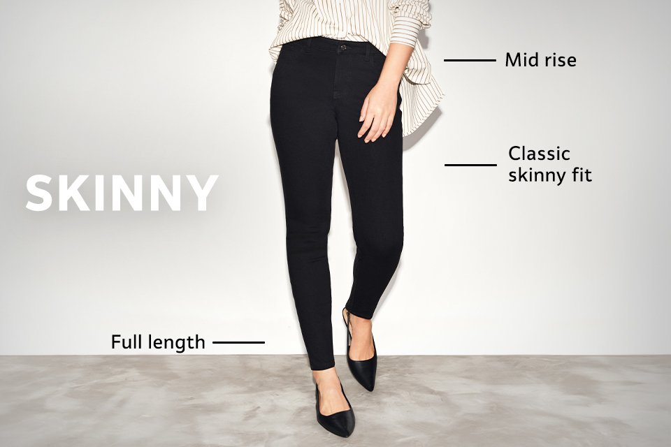 Mid-rise black skinny jeans with classic skinny fit and full-length design, styled with loafers and a striped shirt.