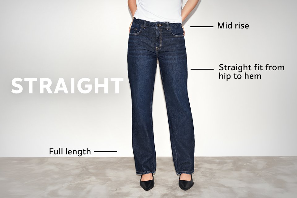 Mid-rise blue straight-leg jeans with full-length fit from hip to hem, paired with black shoes and a white top. 