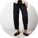 Black cropped wide-leg jeans styled with flat sandals.